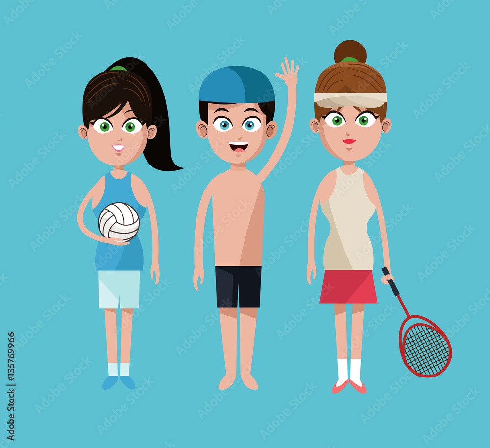 Obraz premium three sport people tennis volleyball and swimming vector illustration eps 10