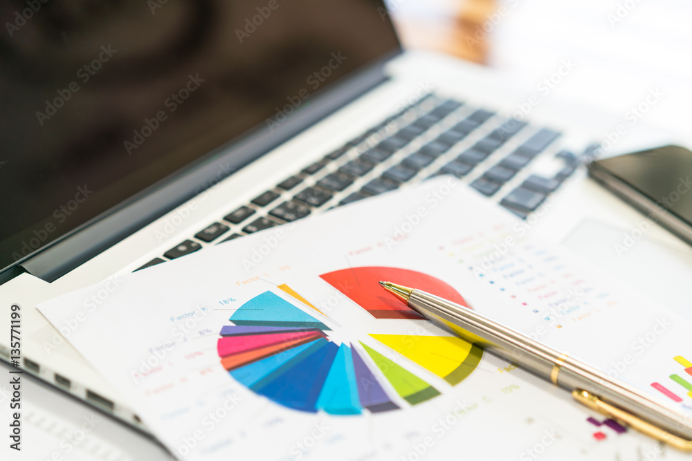 Financial charts on the table with laptop . Financial charts on the table with laptop .
