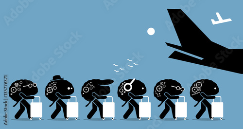 Brain drain. Vector artworks depicts emigration of highly trained and intelligent people out from a country.