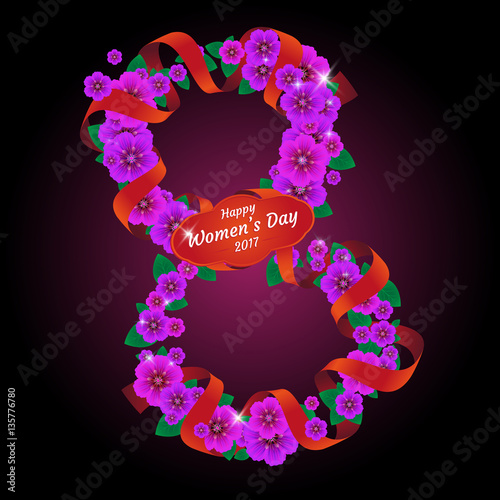 8 March. Vector illustration to The International women's day. Number eight made of flowers with ribbon. 