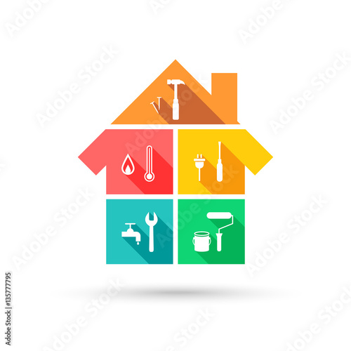House with different tools as construction and maintenance concept in colorful flat design