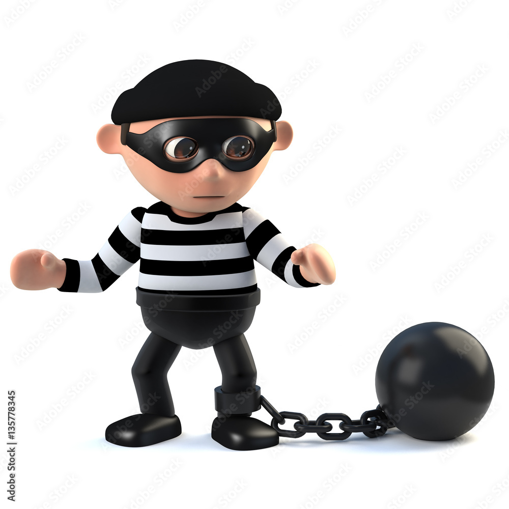3d Funny burglar character has a ball and chain 3d Funny burglar character has a ball and chain