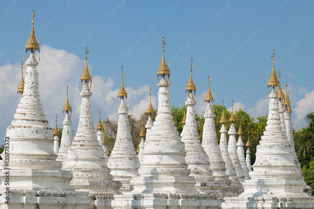 Stupas Sandamuni pagoda sunny day. Mandalay, Myanmar
