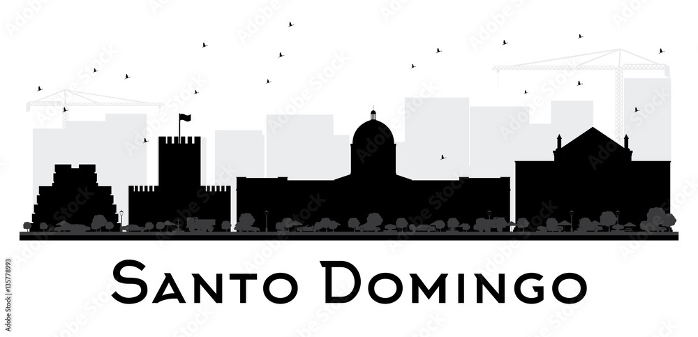 Santo Domingo City skyline black and white silhouette.