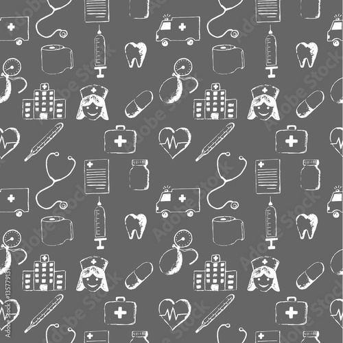 Gray seamless pattern-medical items. This illustration is drawn with a pencil.