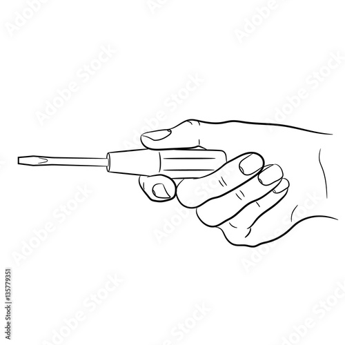 female hand holding a screwdriver of monochrome vector illustrat