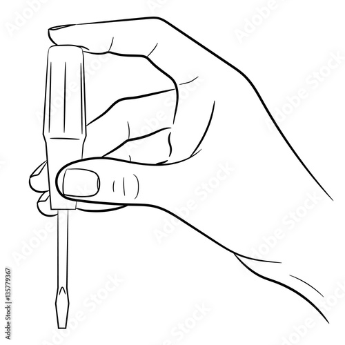female hand holding a screwdriver vertically of monochrome vecto
