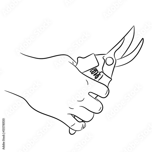 hand holding secateurs of monochrome vector illustration