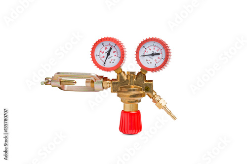 Acetylene cylinder pressure regulator gauge isolated on a white background