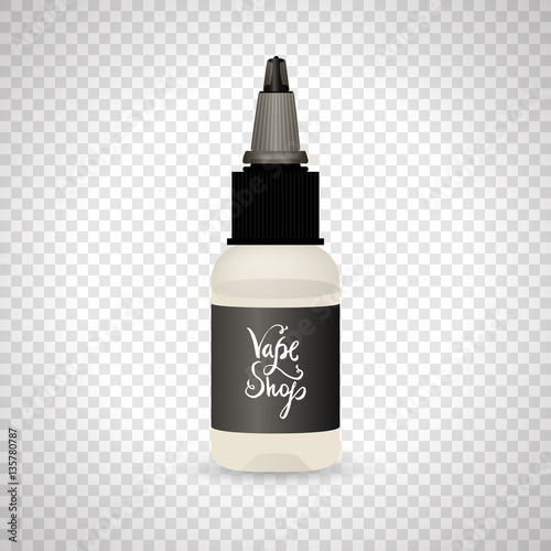 White vape bottle with liquid or aroma. Electronic cigarette accessorize with label. 3d object mockup for vaporizer design