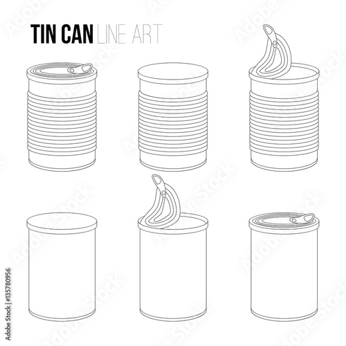 Tincan, canned food line art icons isolated on white background. Outlines objects, contour vector Metal or Plastic Tin Can.