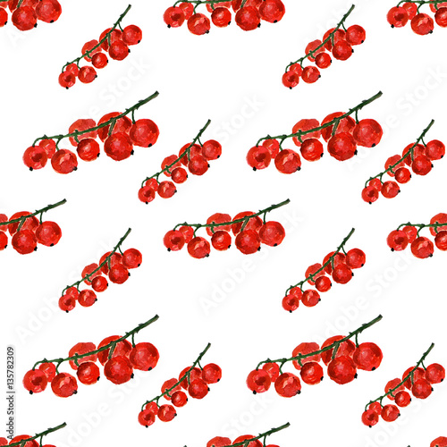 Red currant on white background. Watercolor hand made. Seamless colorful pattern