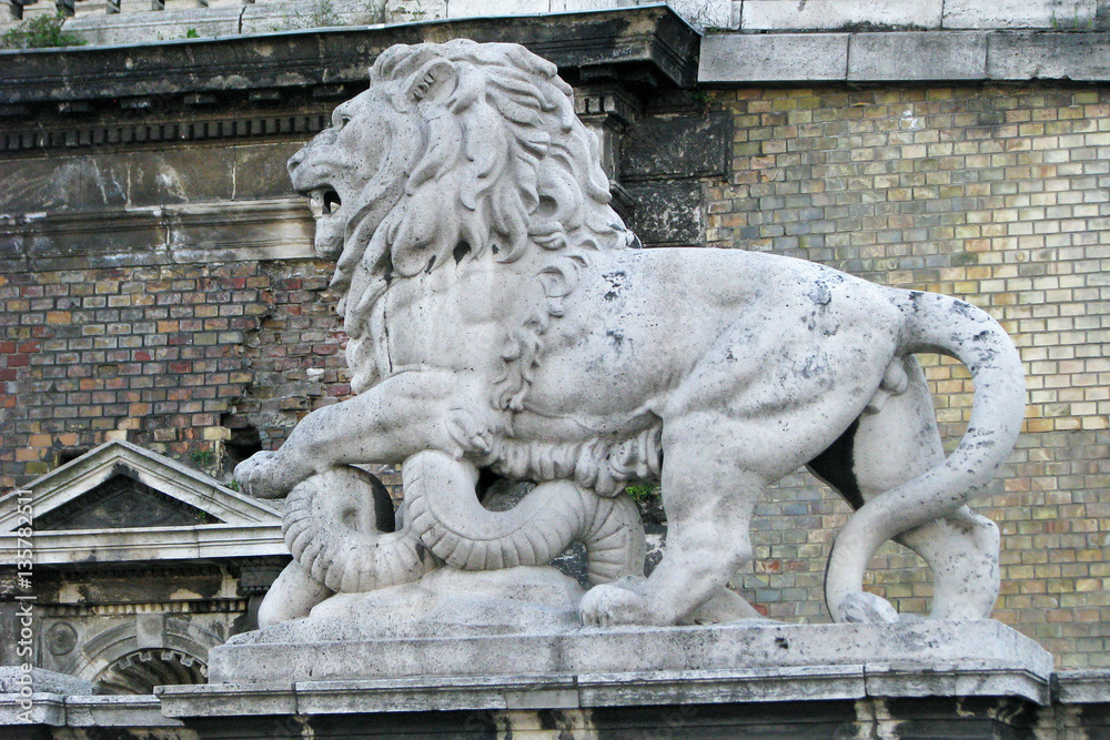 Lion sculpture at downtown in Budapest, Hungary.