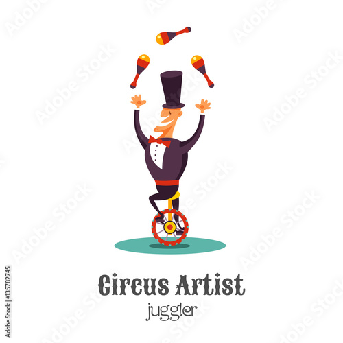 Circus juggler on a unicycle. Vector illustration. Isolated on a white background.