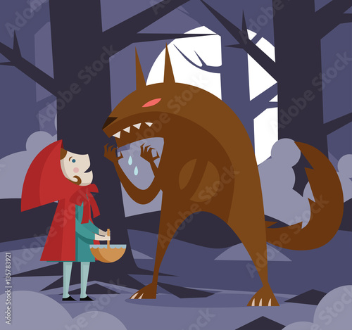 little red riding hood in the dark woods with big bad wolf