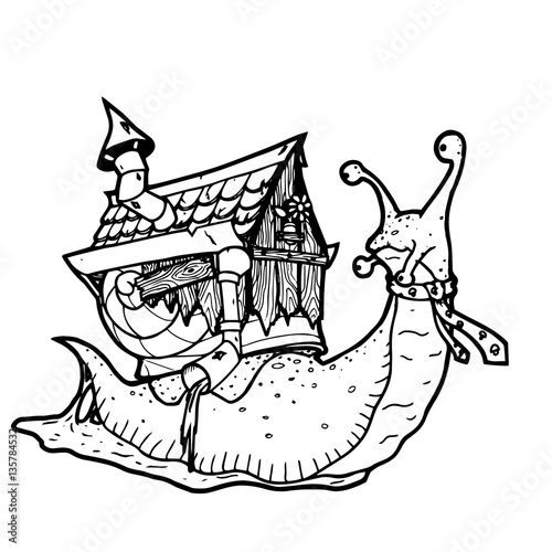 cartoon snail character with his house vector line art illustration