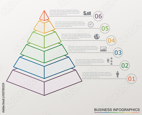 Infographic pyramid with numbers and business icons, line style, template with stepwise structure with 6 steps. 