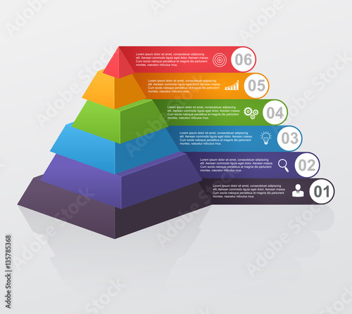 Infographic multilevel pyramid with numbers and business icons.