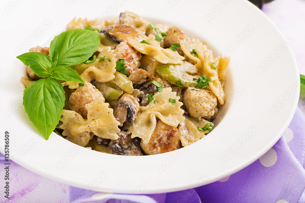 Pasta with meatballs and mushrooms in creamy sauce Pasta with meatballs and mushrooms in creamy sauce