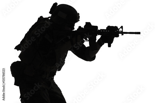 Obraz na plátne United states Marine Corps special operations command Marsoc raider with weapon aiming a gun