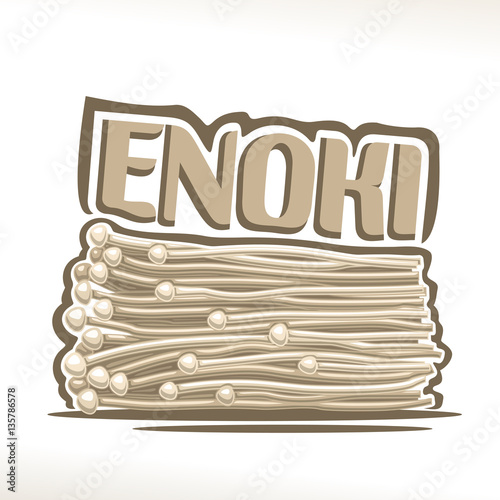 Vector logo Enoki Mushrooms: greenhouse fresh japanese mushrooms, cartoon still life with lettering title enoki, enokitake label organic edible fungi with text inscription, white flammulina velutipes.