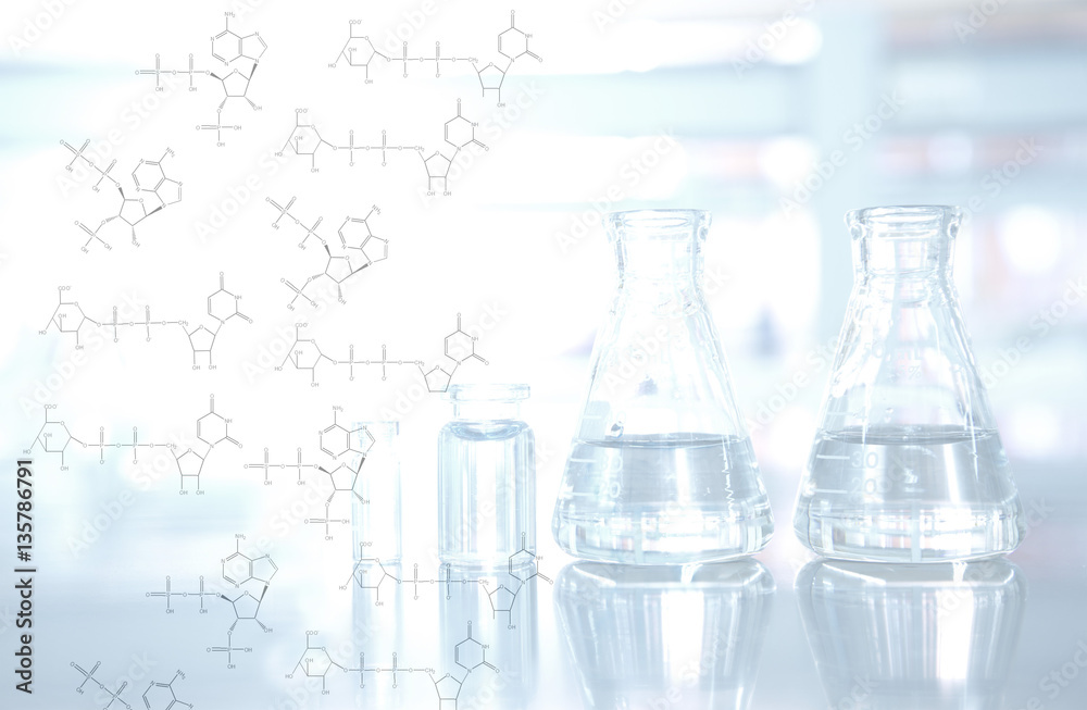 chemical structure with flask and vial background in science lab chemical structure with flask and vial background in science lab