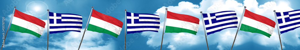 Hungary flag with Greece flag, 3D rendering Hungary flag with Greece flag, 3D rendering