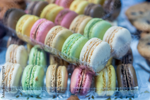 Set of colorful macaroon in pastel tones in the boxes. French macaroons Dessert. 