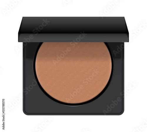 Realistic of case with bronzer. Bronzing shiny powder for makeup in round black plastic case. Cosmetic for glamour bronze make-up and beauty. 3d vector illustration isolated on white background.