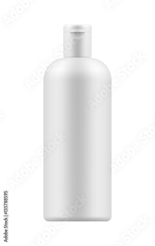 Vector blank template. Mock-up of white plastic bottle with cap. Realistic 3d container for body lotion, shampoo, milk for skin care. Empty and clean packaging for cosmetic product. Isolated on white