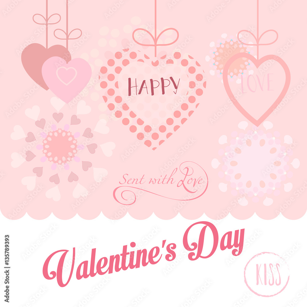 Hearts poster for Valentines Day greeting card festive hand made pink background Vector Romantic poster. Love, Romance Event, banner, e-card, Typography postcard envelope Calligraphy, retro