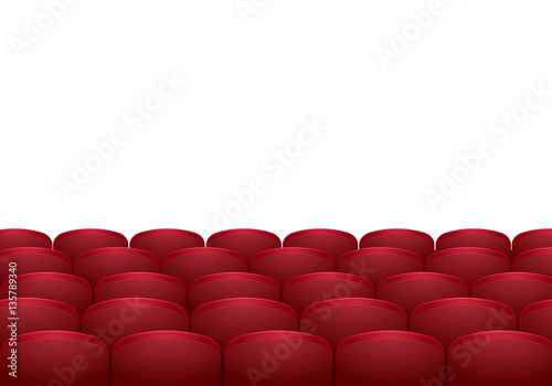 Rows of red cinema or theater seats isolated on white background. Realistic vector illustration.