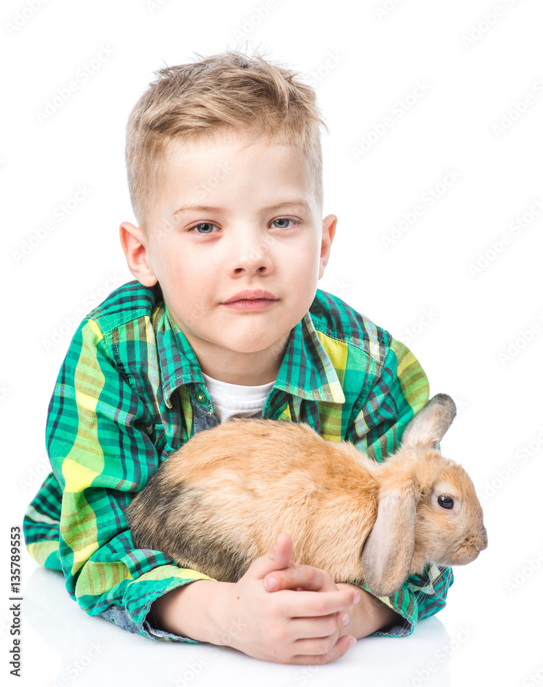 boy embracing rabbit. Isolated on white background boy embracing rabbit. Isolated on white background
