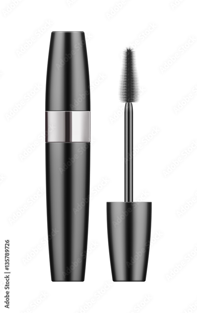 Realistic black and silver metallic tube with mascara and brush. 3d package. Container of cosmetic product for eye beauty. Vector illustration isolated on white background. Realistic black and silver metallic tube with mascara and brush. 3d package. Container of cosmetic product for eye beauty. Vector illustration isolated on white background.