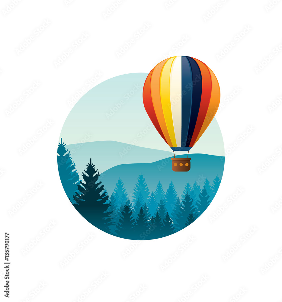 Naklejka Kolorowy balon latający nad górami. Ilustracje wektorowe