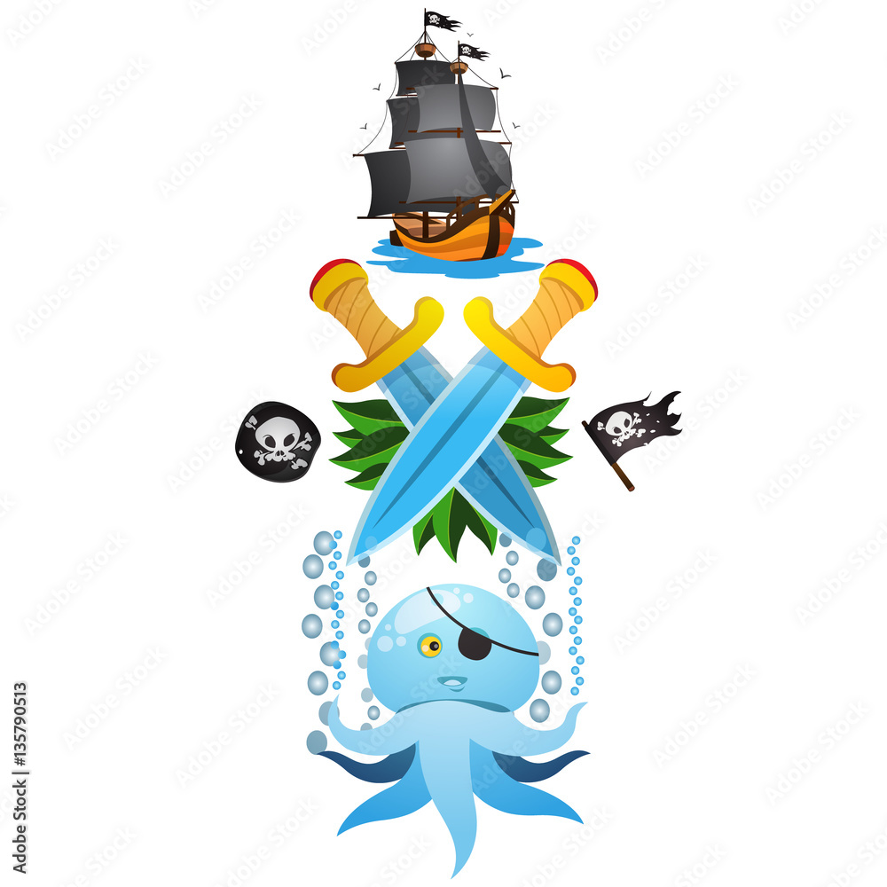 Sketch of tattoo with a crowns, octopus and frigate . Drawing on themes Ganster to design T-shirts, playing cards, theme parties. Sketch of tattoo with a crowns, octopus and frigate . Drawing on themes Ganster to design T-shirts, playing cards, theme parties.