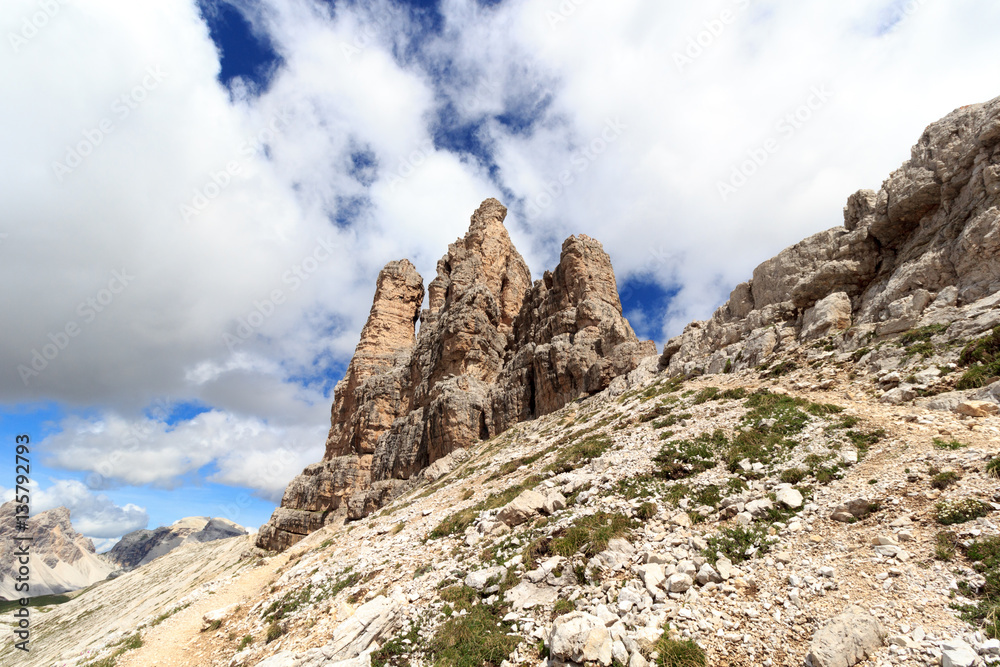 Mountain Toblinger Knoten and footpath in Sexten Dolomites, South Tyrol, Italy