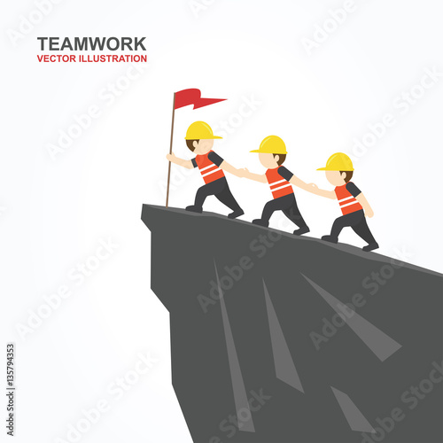 Men try to help their friend to climb the cliff. Teamwork concept.