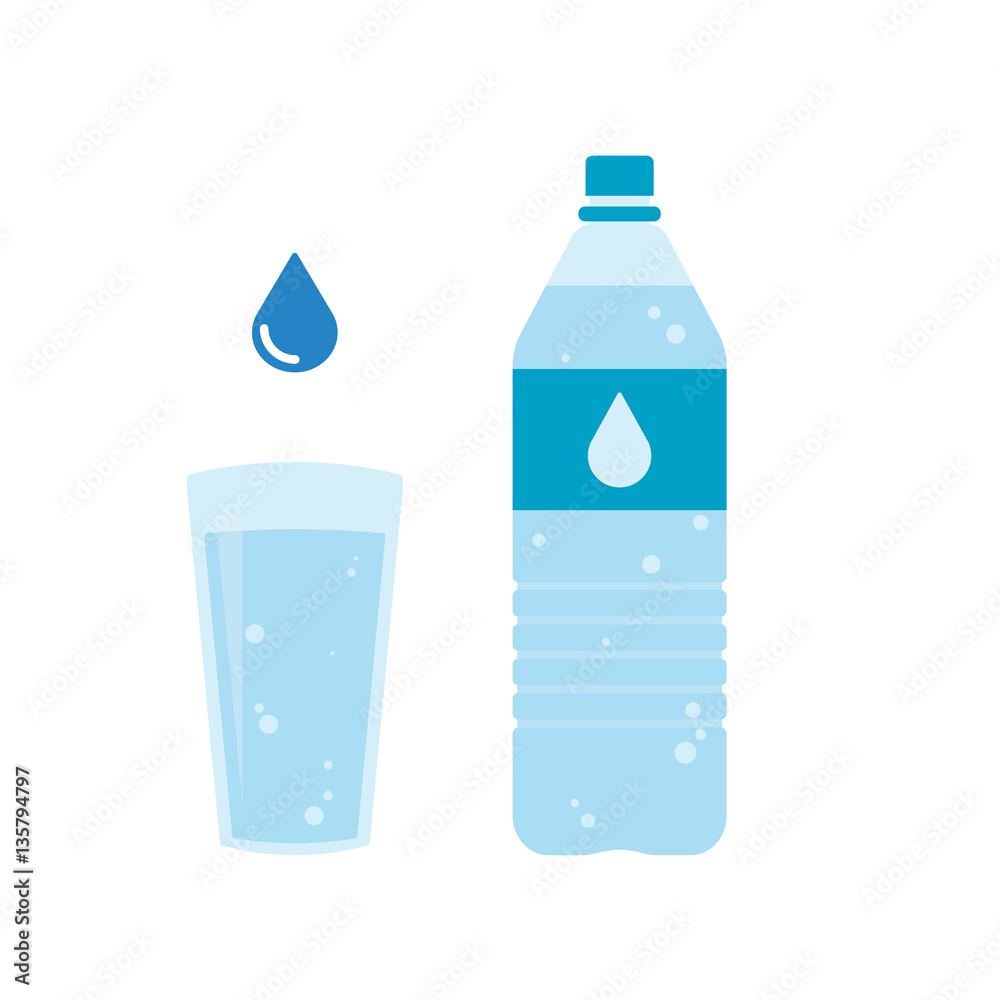 Plastic bottle and glass of water. Water drop sign. Vector illustration Plastic bottle and glass of water. Water drop sign. Vector illustration