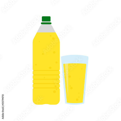 Plastic bottle with yellow lemon fruit juice or lemonade and glass of juice or lemonade. Flat web icon. Vector illustration