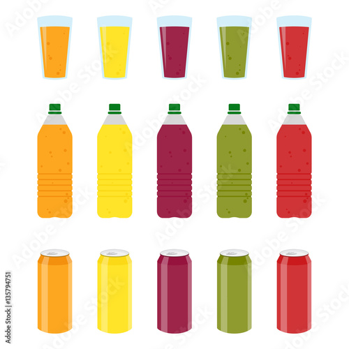 Set of Color plastic bottles of juice or soda with glasses and cans. Package design. Tasty drink, bottled lemonade or juice and cans. Vector illustration