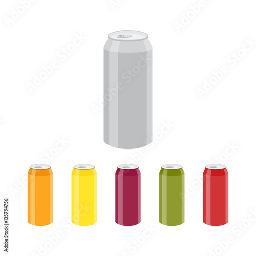 Set of Color Aluminum Cans Template. Package design. Bank of carbonated water. Tasty drink, can lemonade or beer. Vector illustration