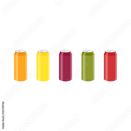 Set of Color Aluminum Cans Template. Package design. Bank of carbonated water. Tasty drink, can lemonade or beer. Vector illustration