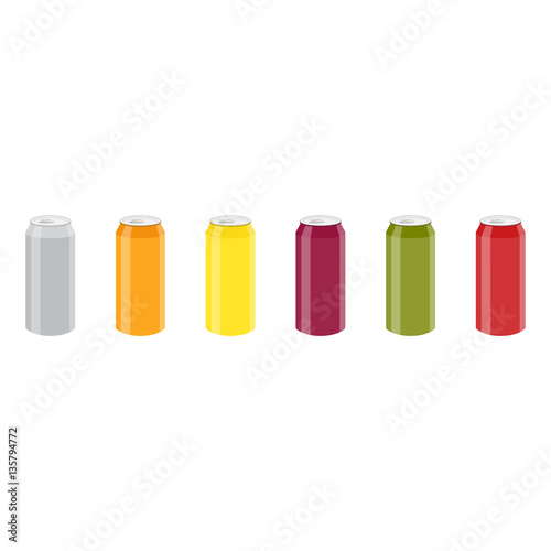 Set of Color Aluminum Cans Template. Package design. Bank of carbonated water. Tasty drink, can lemonade or beer. Vector illustration