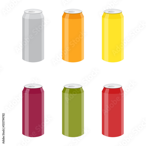 Set of Color Aluminum Cans Template. Package design. Bank of carbonated water. Tasty drink, can lemonade or beer. Vector illustration