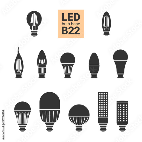LED light bulbs with B22 base, vector silhouette icon set on white background