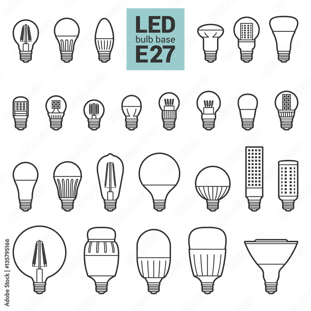 LED light bulbs with E27 base, vector outline icon set on white background