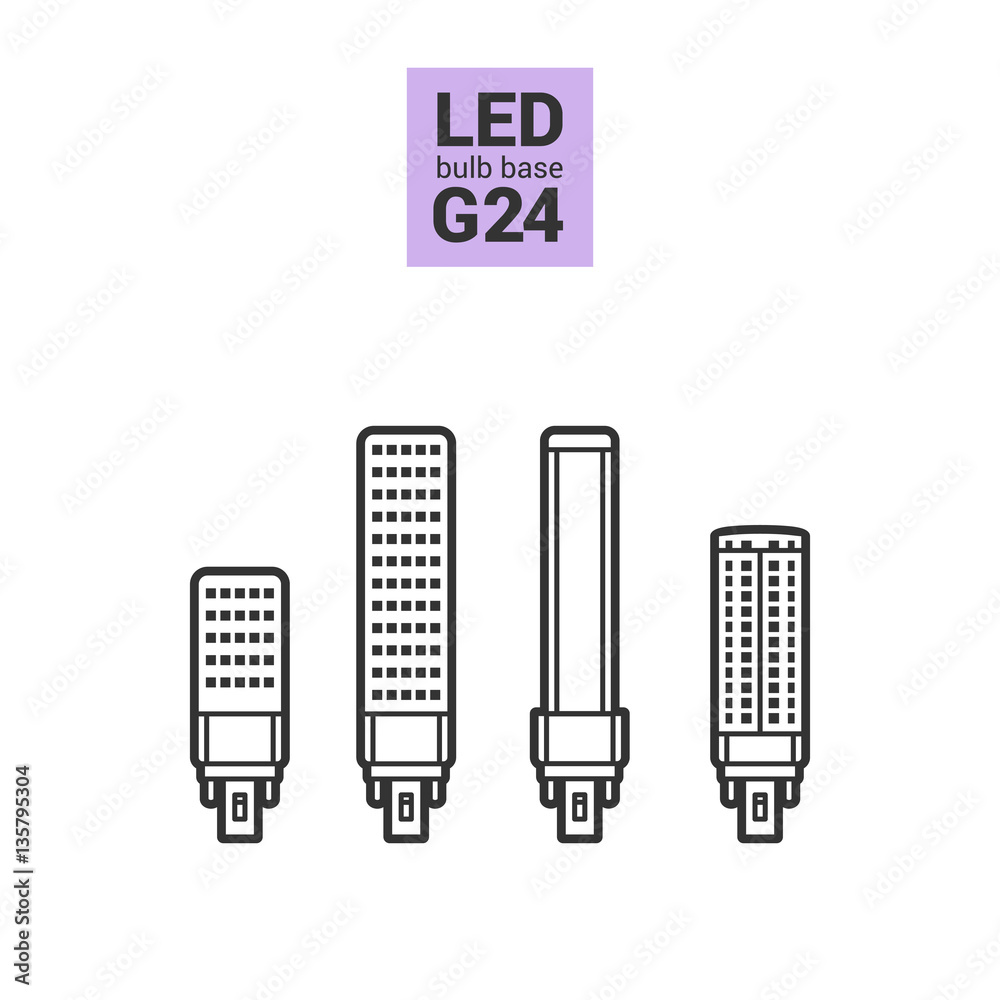 LED light bulbs with G24 base, vector outline icon set on white background LED light bulbs with G24 base, vector outline icon set on white background