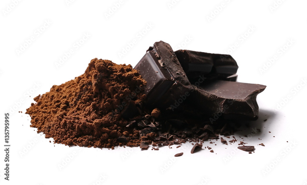 chocolate bars with pile cocoa powder isolated on white background ...