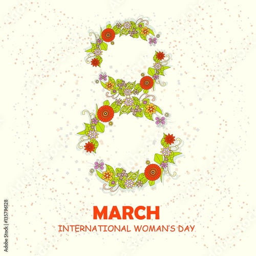 Congratulation card 8 March International Woman's Day, hand drawn colorful floral doodle on white, typography banner stock vector illustration